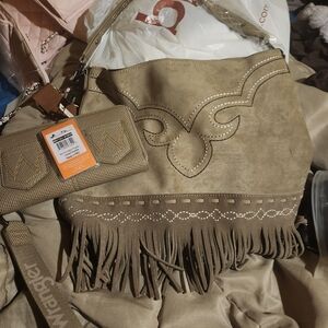 Wrangler Taupe Suede Fringe Shoulder Bag with Decorative Stitching